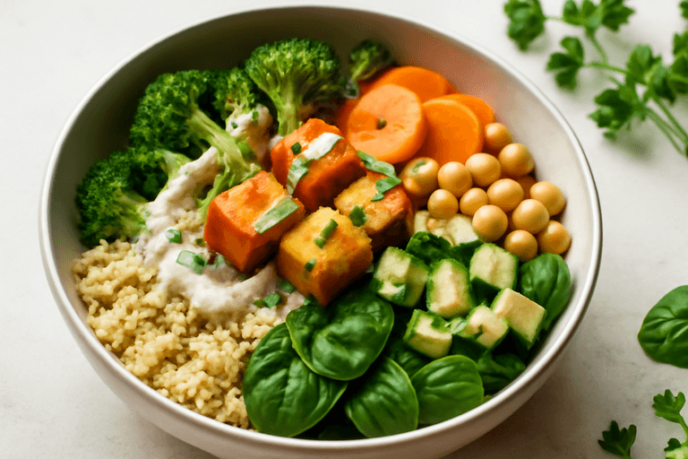 Proteinreiche Quinoa-Bowl mit knusprigem Tofu und Zitronen-Tahini-Dressing