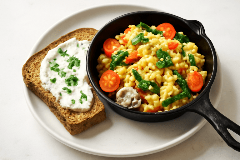 Light Veggie Egg Skillet with Creamy Yogurt Toast
