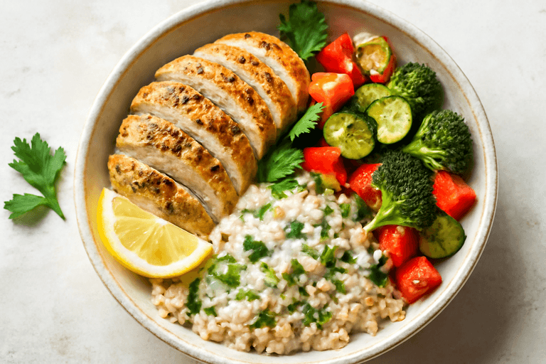 Lemon Herb Chicken with Warm Veggie Quinoa Bowl