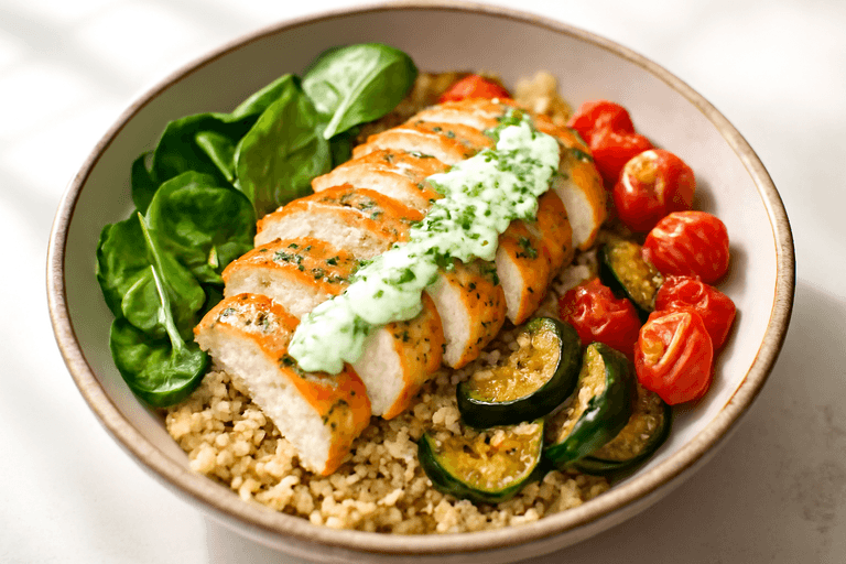 Lemon Herb Chicken with Warm Quinoa Veggie Bowl