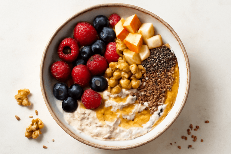 Energieke Griekse yoghurt bowl met havermout, bessen en noten