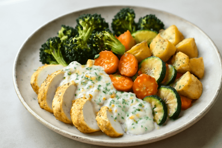 Citronkyckling med rostade grönsaker och örtig yoghurtsås