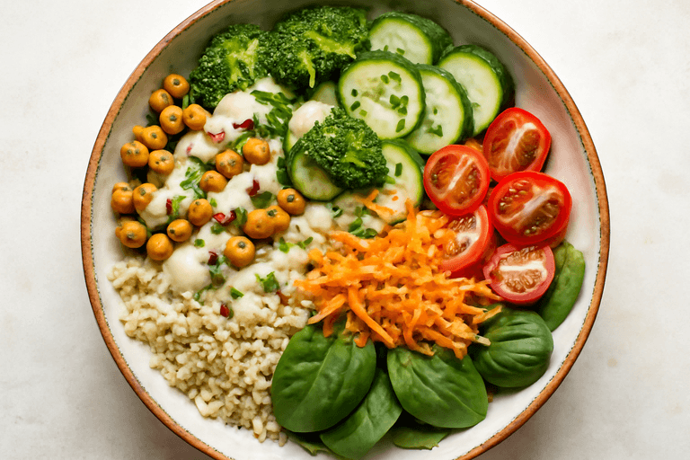 Protein-Bowl mit Quinoa, Kichererbsen und Zitronen-Tahini-Dressing