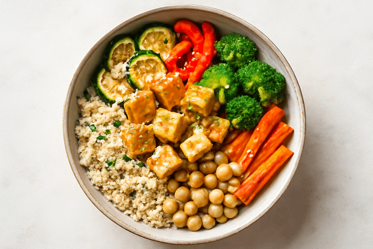 Leichte Quinoa-Gemüse-Bowl mit knusprigem Tofu