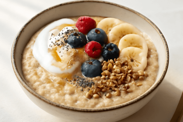 Protein-Porridge mit Beeren, Chiasamen und knusprigen Nüssen