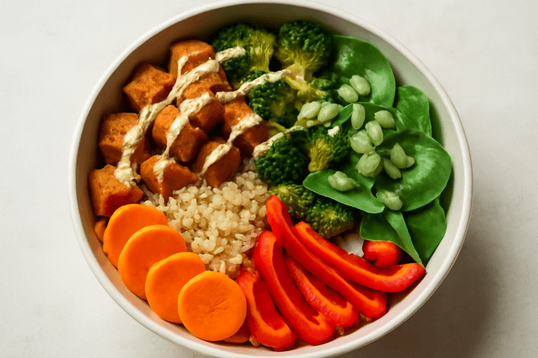 Proteinreiche Buddha Bowl mit knusprigem Tofu und Zitronen-Tahini-Dressing