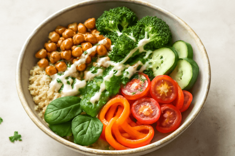 Protein-Bowl mit Quinoa, Kichererbsen und Zitronen-Tahini-Dressing