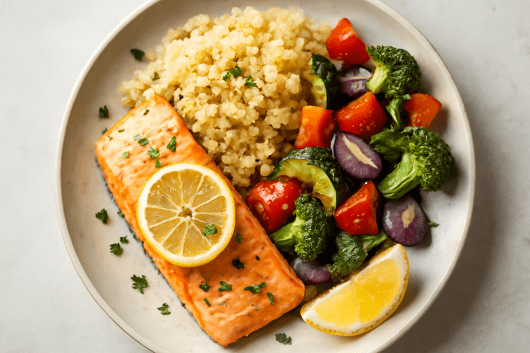 Citronbakad lax med quinoa och rostade grönsaker