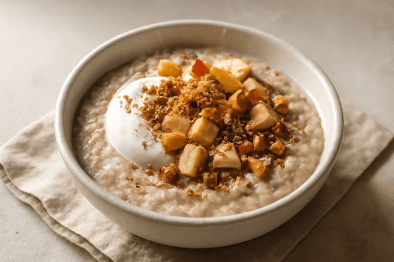 Leichtes Protein-Porridge mit Apfel, Zimt und Joghurt