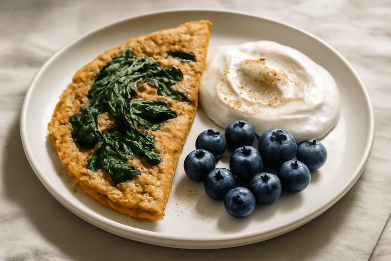 Proteinrik havreomelett med spenat och bär