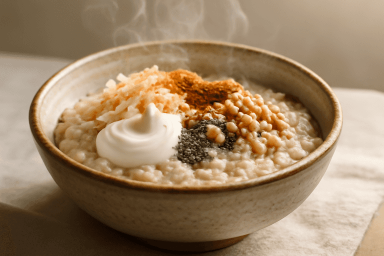 Krämig havregrynsgröt med äpple, kanel och proteinrik yoghurt