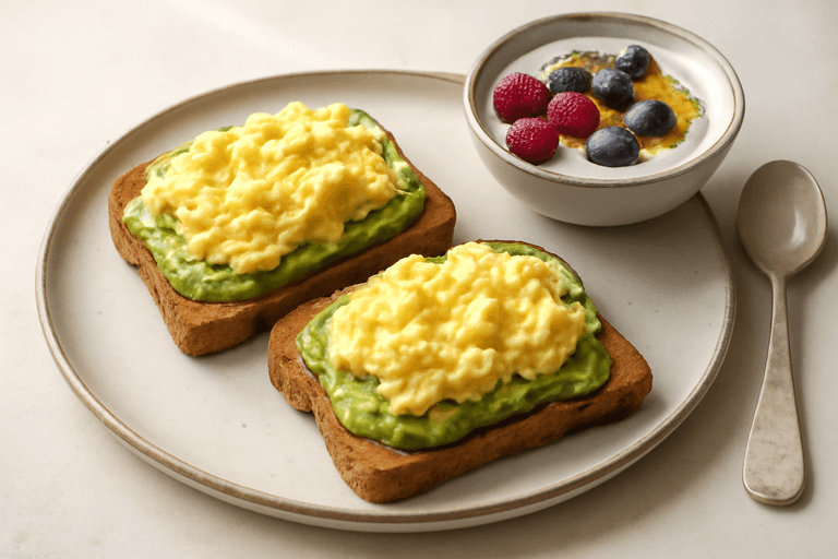 Tostadas energéticas con huevos revueltos, aguacate y yogur con frutos rojos
