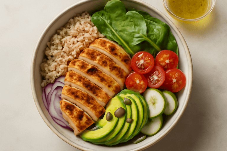 Bowl energético de pollo, arroz integral y aguacate