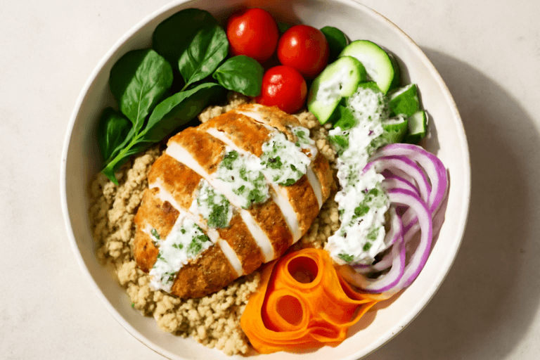 Kyckling- och quinoabowl med citronyoghurt