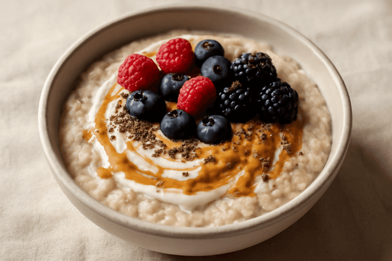 Protein-Porridge mit Beeren, Chiasamen und Mandelmus