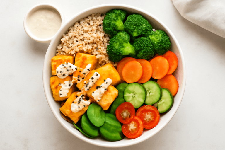 Protein-Buddha-Bowl mit Zitronen-Tofu und Quinoa
