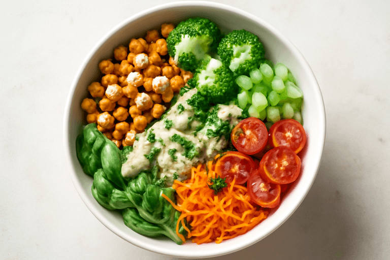 Protein-Bowl mit gerösteten Kichererbsen, Quinoa und Zitronen-Tahini-Dressing