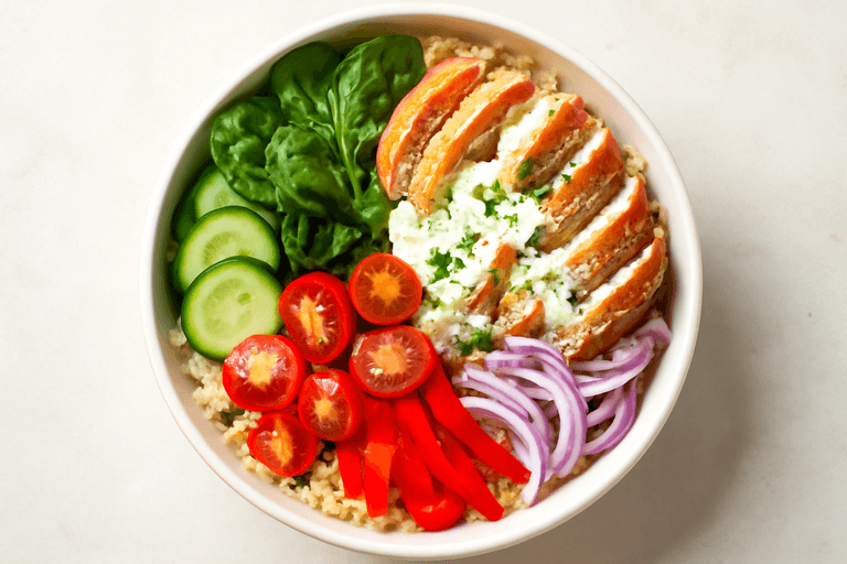 Leichte Hähnchen-Bulgur-Bowl mit Zitronen-Joghurt