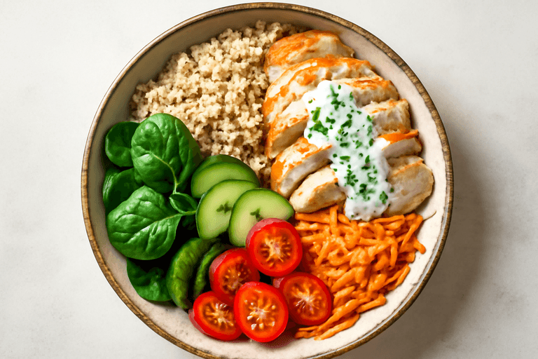 Bol déjeuner poulet grillé, quinoa et légumes croquants