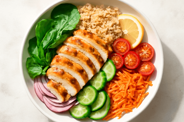 Bol déjeuner poulet grillé, quinoa et légumes croquants
