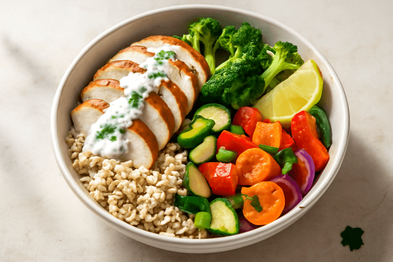 Leichte Hähnchen-Gemüse-Bowl mit Kräuter-Joghurt