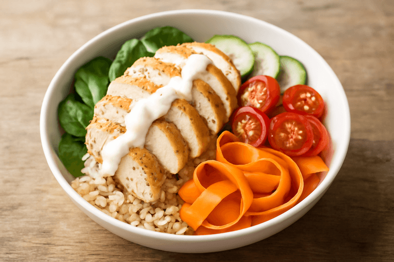 Leichte Hähnchen-Reis-Bowl mit Zitronen-Joghurt