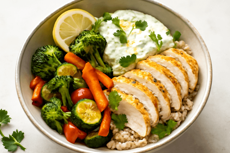 Zitronen-Hähnchen-Bowl mit Ofengemüse und Kräuter-Joghurt