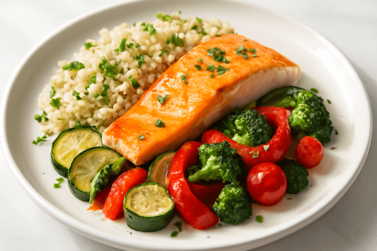 Saumon rôti, quinoa citronné et légumes croquants