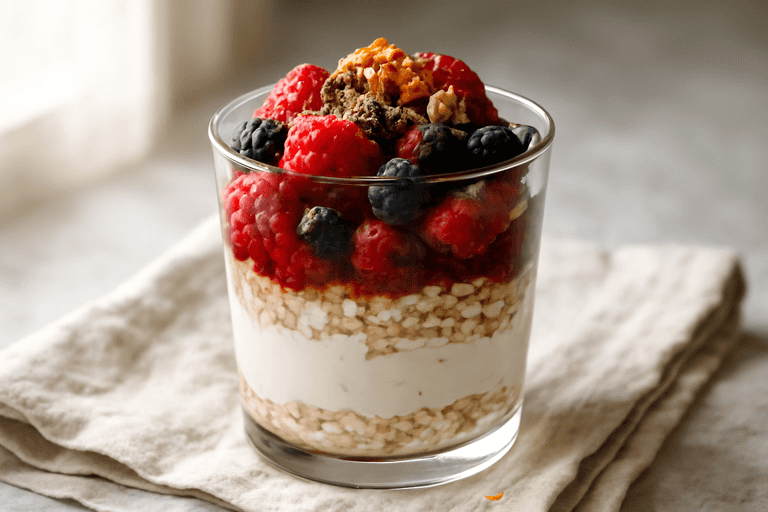 Parfait Energético de Yogur con Avena, Frutos Rojos y Chía