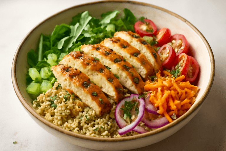 Salade tiède de poulet, quinoa et légumes croquants