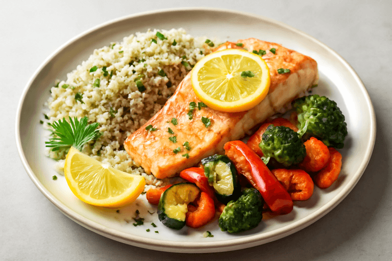 Saumon citronné, quinoa aux herbes et légumes rôtis
