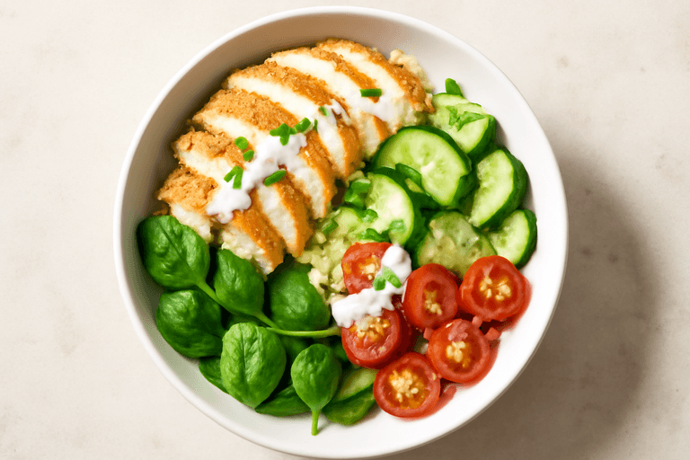 Leichte Hähnchen-Bulgur-Bowl mit Zitronen-Joghurt