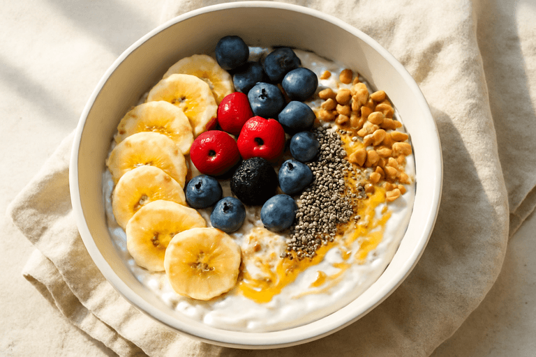 Leichte Beeren-Skyr-Hafer-Bowl mit Chia