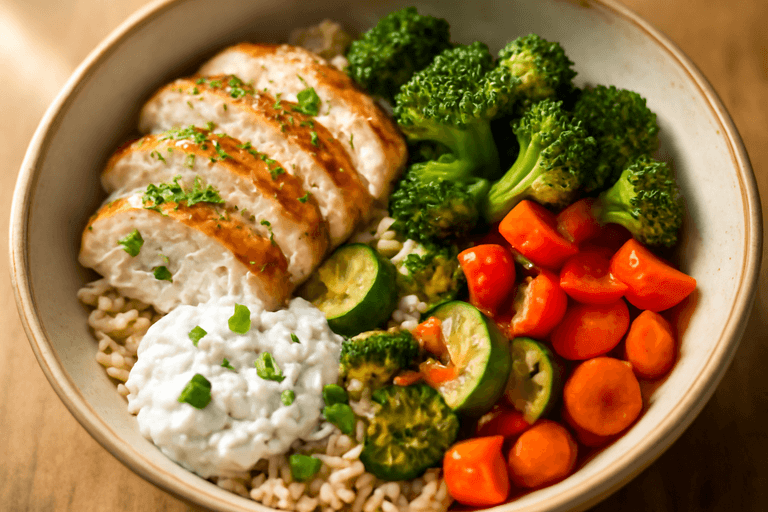 Zitronen-Hähnchen-Bowl mit Ofengemüse und Kräuter-Joghurt