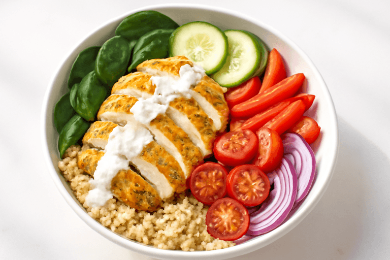 Leichte Hähnchen-Bowl mit Quinoa und Zitronen-Joghurt