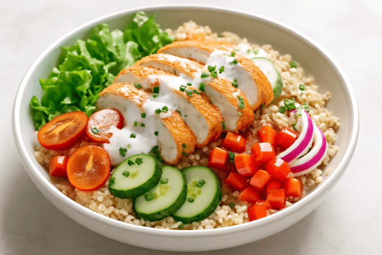 Salată caldă de pui cu quinoa și iaurt cu lămâie