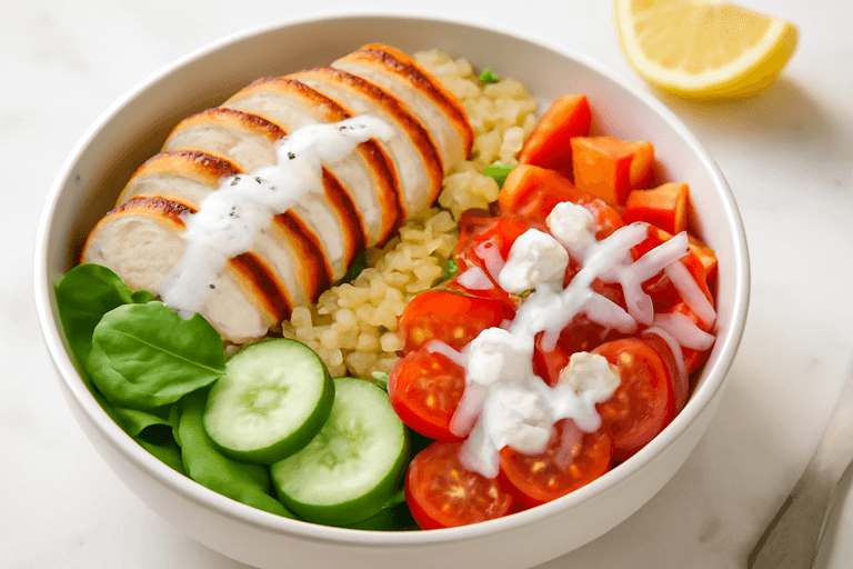 Leichte Hähnchen-Quinoa-Bowl mit Zitronen-Joghurt