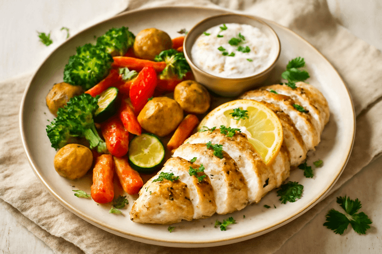 Zitronen-Hähnchen mit Ofengemüse und Kräuter-Joghurt