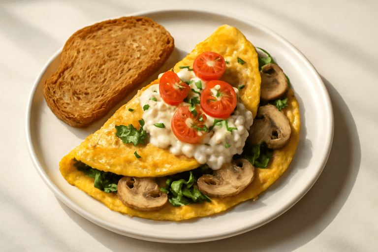 Energie-Omelet met Spinazie, Champignons en Hüttenkäse