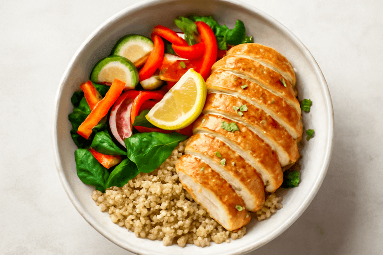 Bol cald cu pui, quinoa și legume crocante