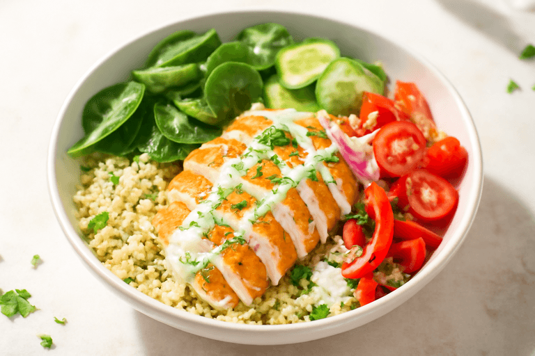 Leichte Hähnchen-Bowl mit Quinoa und Zitronen-Joghurt