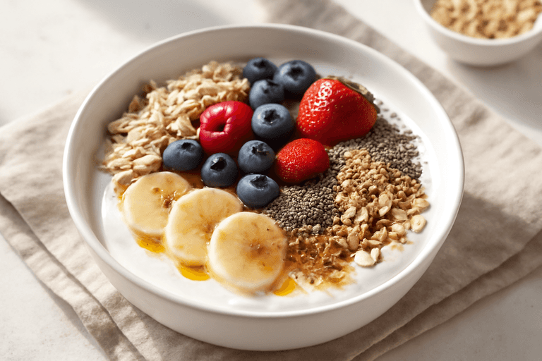 Protein-Bowl mit Joghurt, Beeren und Hafer