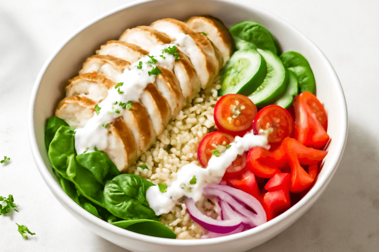 Leichte Hähnchen-Quinoa-Bowl mit Zitronen-Joghurt