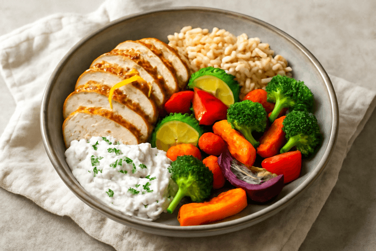 Leichte Zitronen-Hähnchen-Bowl mit Ofengemüse und Kräuterquark
