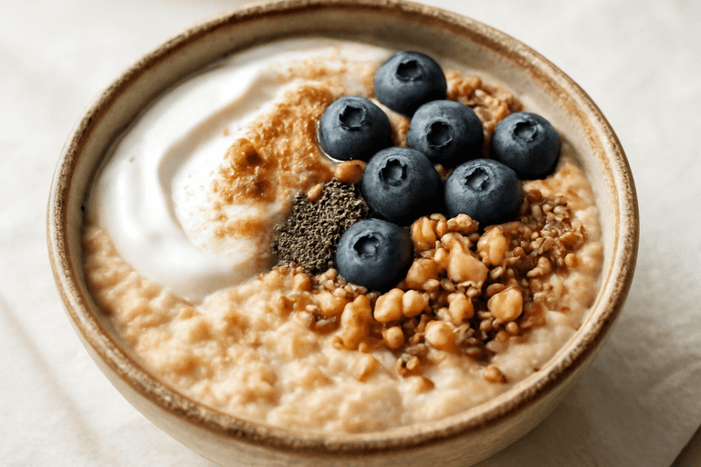 Proteinrik havregrøt med yoghurt, bær og valnøtter