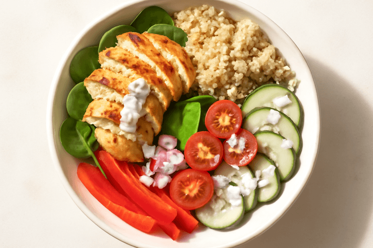 Lun kyllingsalat med quinoa og sitron-yoghurtdressing