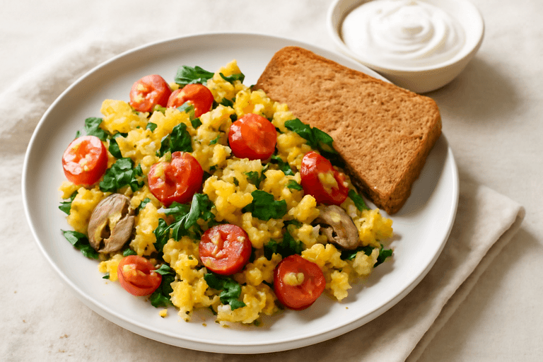 Herzhaftes Protein-Rührei mit Gemüse und Vollkorntoast