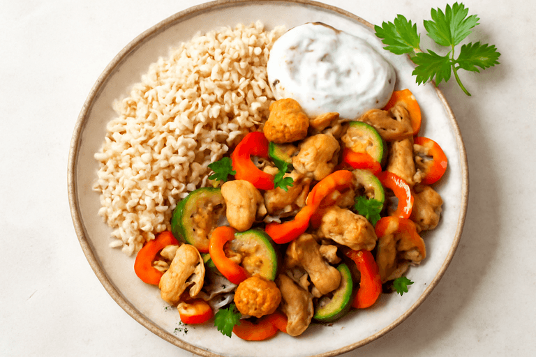 Leichte Hähnchen-Gemüse-Pfanne mit Kräuterquark