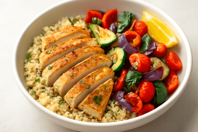 Pollo mediterráneo con quinoa y verduras asadas