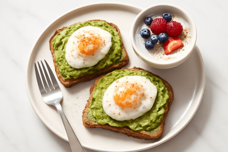 Tostadas proteicas de aguacate, huevo y yogur con frutos rojos